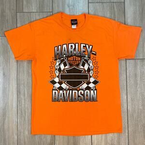 Harley Davidson Graphic Tee Shirt Orange Biker Logo Mt Pleasant MI Men L